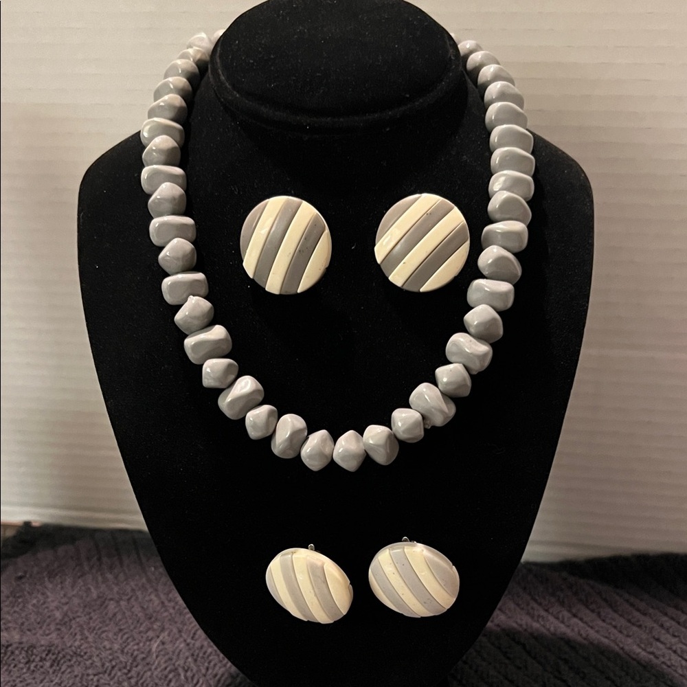 Elegant Gray Beaded Necklace and 2 types of Gray Clip-on Earring